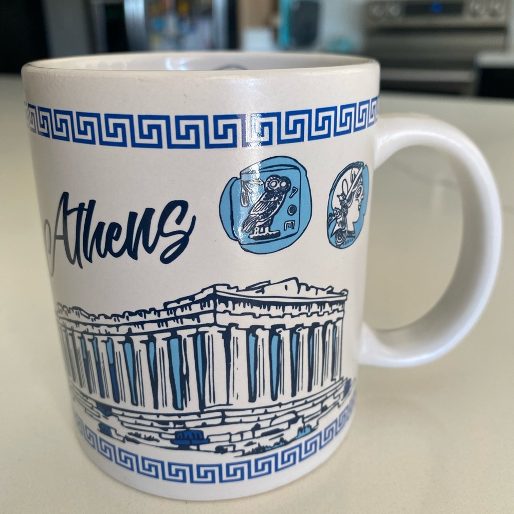 VTG Aegean Art Souvenirs Athens Greece White & Blue Coffee Mug